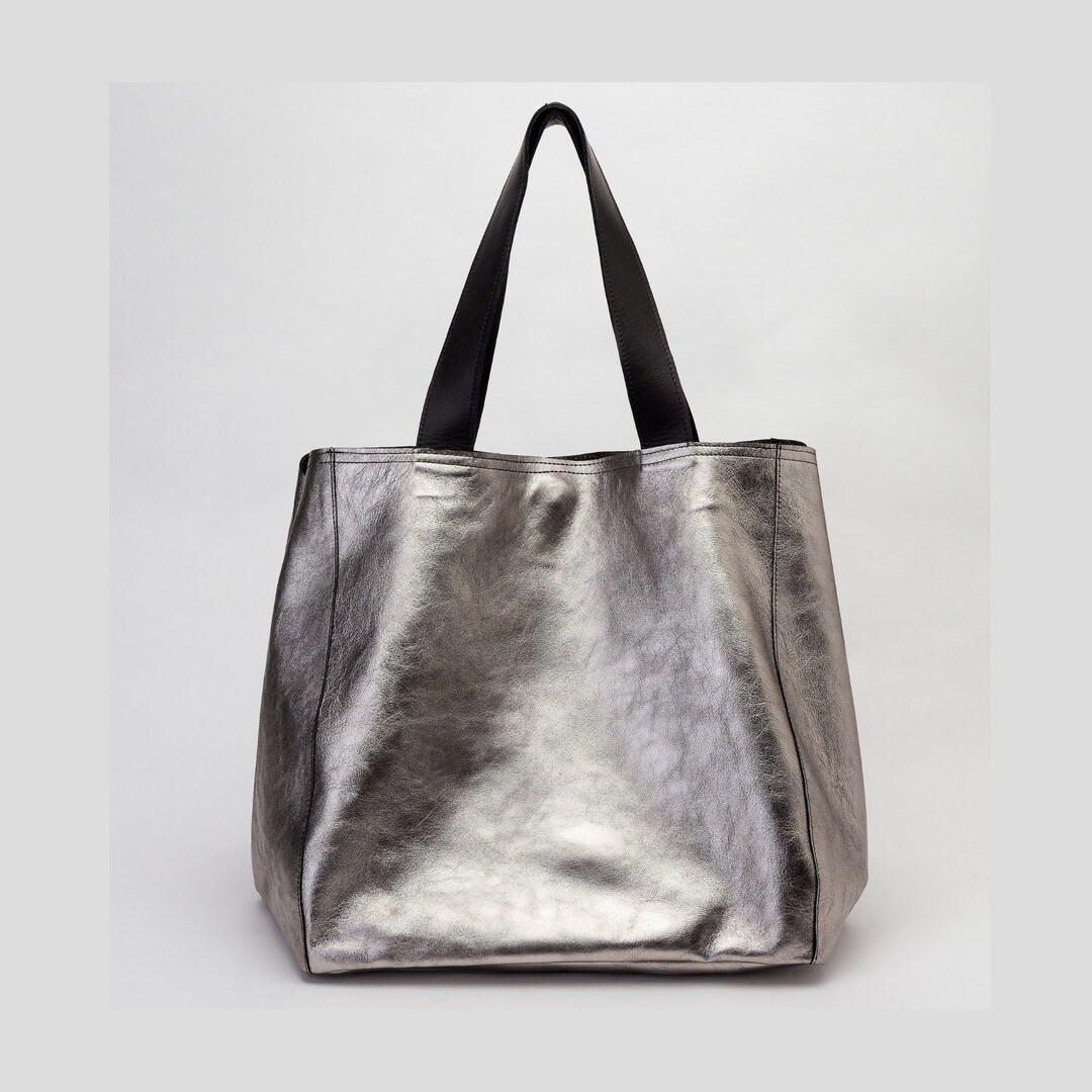 Metallic Slouchy Leather Bag, Silver Tote Bag Handmade With