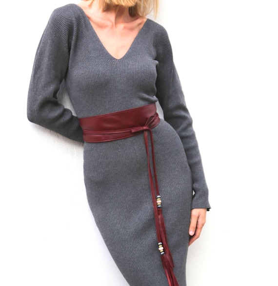 Burgundy Leather Obi Belt, Handmade Tassel Wrap Belt With  display picture 1