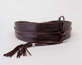 Chocolate Brown Wide Belt for Women, Leather Obi Belt with Tassels