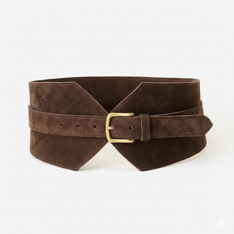 May include: A wide dark brown suede belt featuring a structured, angular design that tapers toward the center. The belt includes a matching suede strap overlay secured by a rectangular, brushed brass-toned metal buckle and a single belt loop.