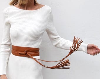 Boho Brown Leather Obi Belt with Tassels, Handcrafted Wrap Belt