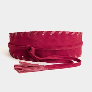 Red Suede Obi Belt, Wide Belt for Women, Genuine Leather Wrap Belt with Tassel, Handmade Boho Belt, Cherry Red Gift for Her