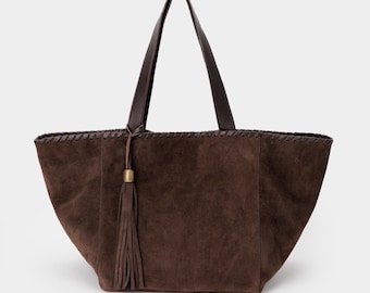 Sac fourre-tout en daim marron foncé, sac à main en cuir fait main à pampilles