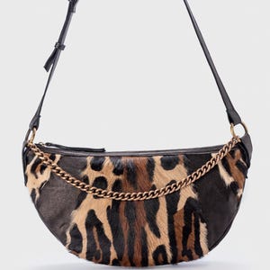 Luxury Animal Print Bag, Half Moon Leather Shoulder Purse, Leopard Print Crossbody Bag, Trendy Handmade Animal Print Gift for Her