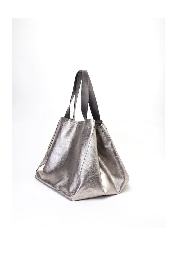 Silver Tote Bag Metallic Leather Tote Bag Over the Shoulder 