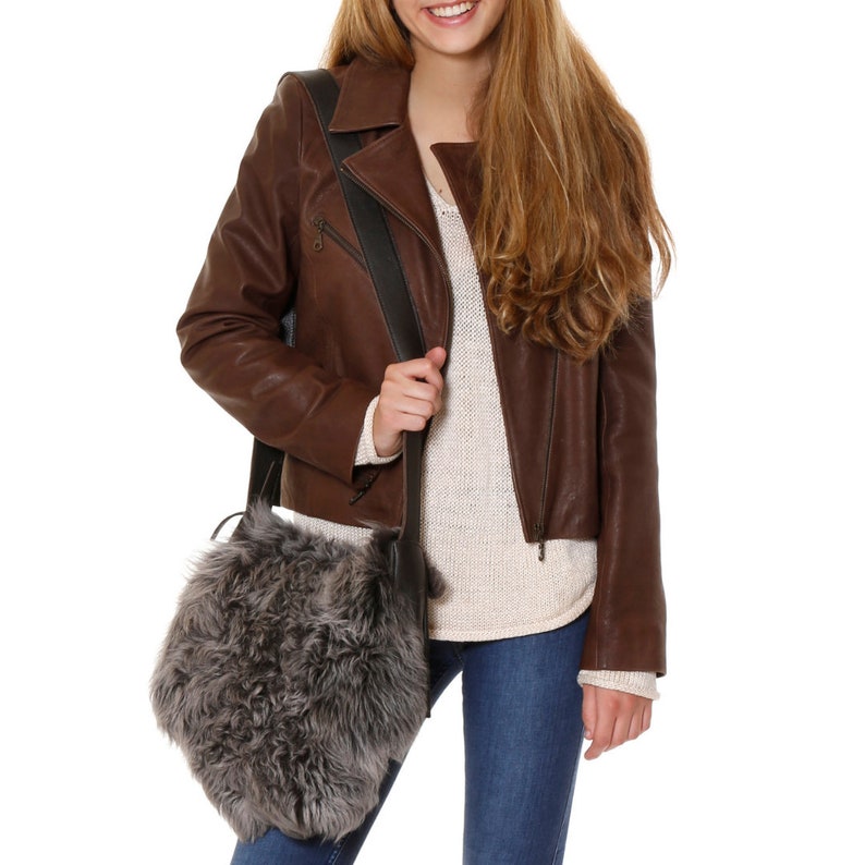 Fur Crossbody Bag Lamb Fur Bag Leather Crossbody Bag Grey Etsy