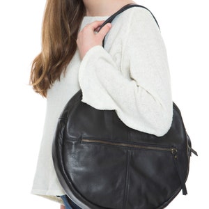 Black Round Leather Bag, Circle Leather Purse, Black Roomy Shoulder Bag ...