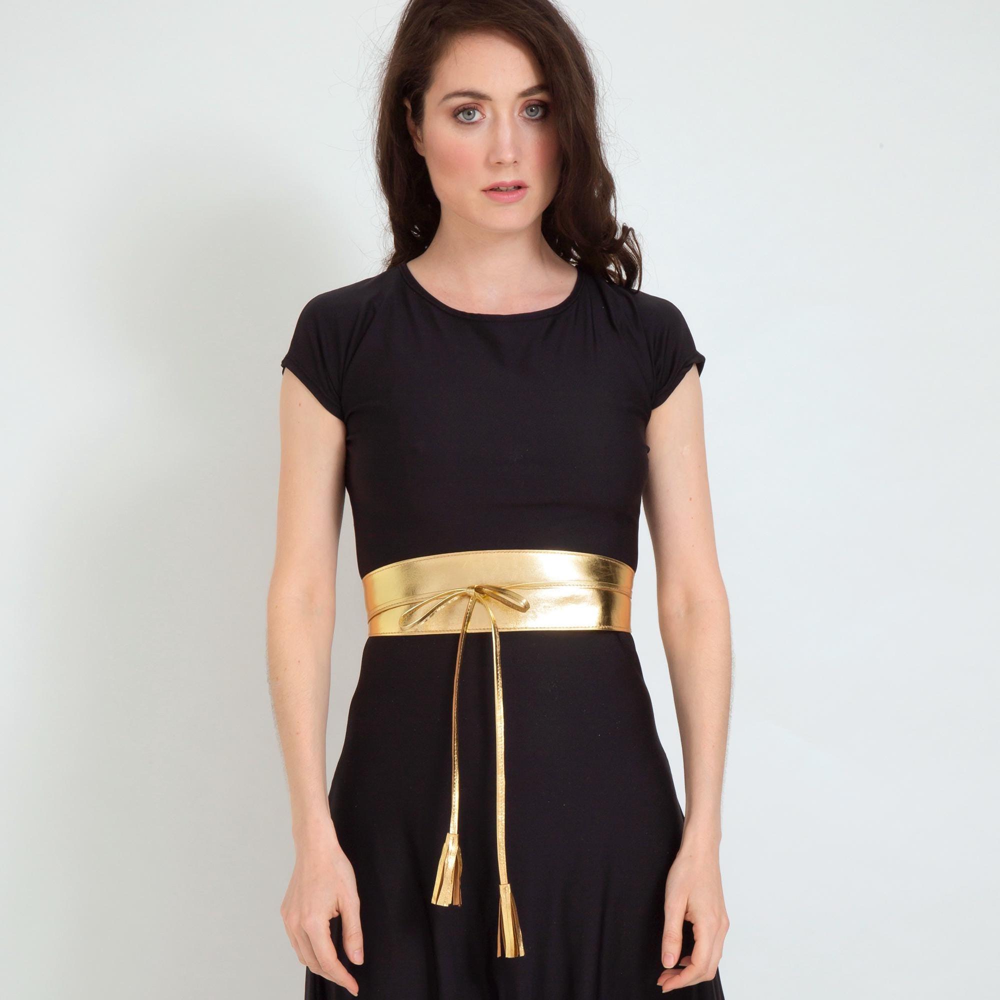 Wide Gold Belt, Handmade Lace Up Belt, Metallic Bridesmaid Leather Wrap OBI.