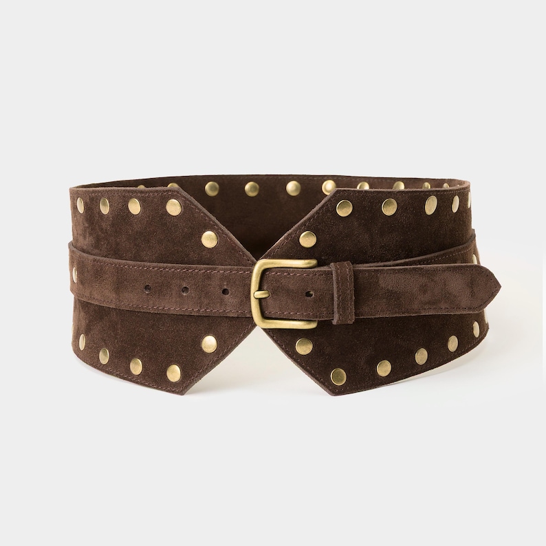 Dark brown suede leather corset belt for women, wide soft belt with gold studs and buckle.
