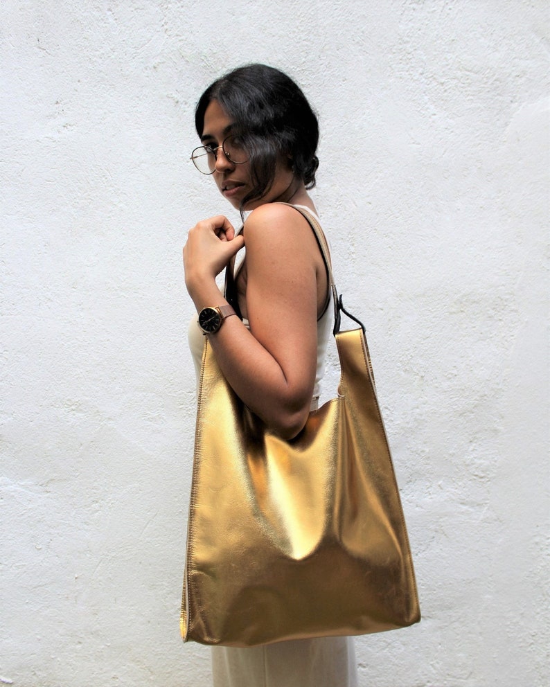 Gold Leather Tote, Metallic Leather Bag, Golden Tote Bag, Gold Leather Shoulder Bag for Women, Genuine Leather Tote, Gift for Mom image 3