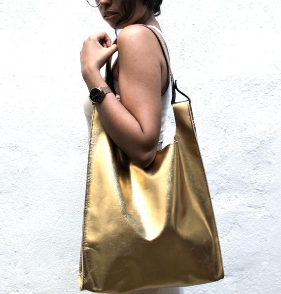 Gold Leather Tote, Metallic Leather Bag, Golden Tote Bag