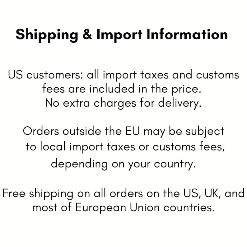 Op de afbeelding: Een witte informatieve afbeelding met zwarte tekst getiteld Shipping & Import Information. De tekst beschrijft het beleid met betrekking tot invoerrechten, douanekosten en bezorgkosten voor klanten in de Verenigde Staten en andere regio's.