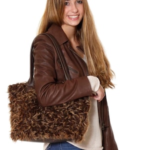 Fur Tote Bag, Medium Size Brown Work Tote for Women, Fur shoulder bag, Handmade Quality Handbag, Unique Leather Gift for Her