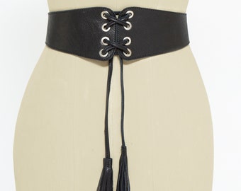 Lace Up Corset, Black leather corset, Waist cincher belt, Wide leather belt for women, Plus Size Bohemian Belt