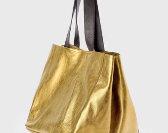 Golden Tote Bag, Gold Leather Tote, Gold Metallic Bag, Oversized Handbag Handmade with Gold Metallic Leather
