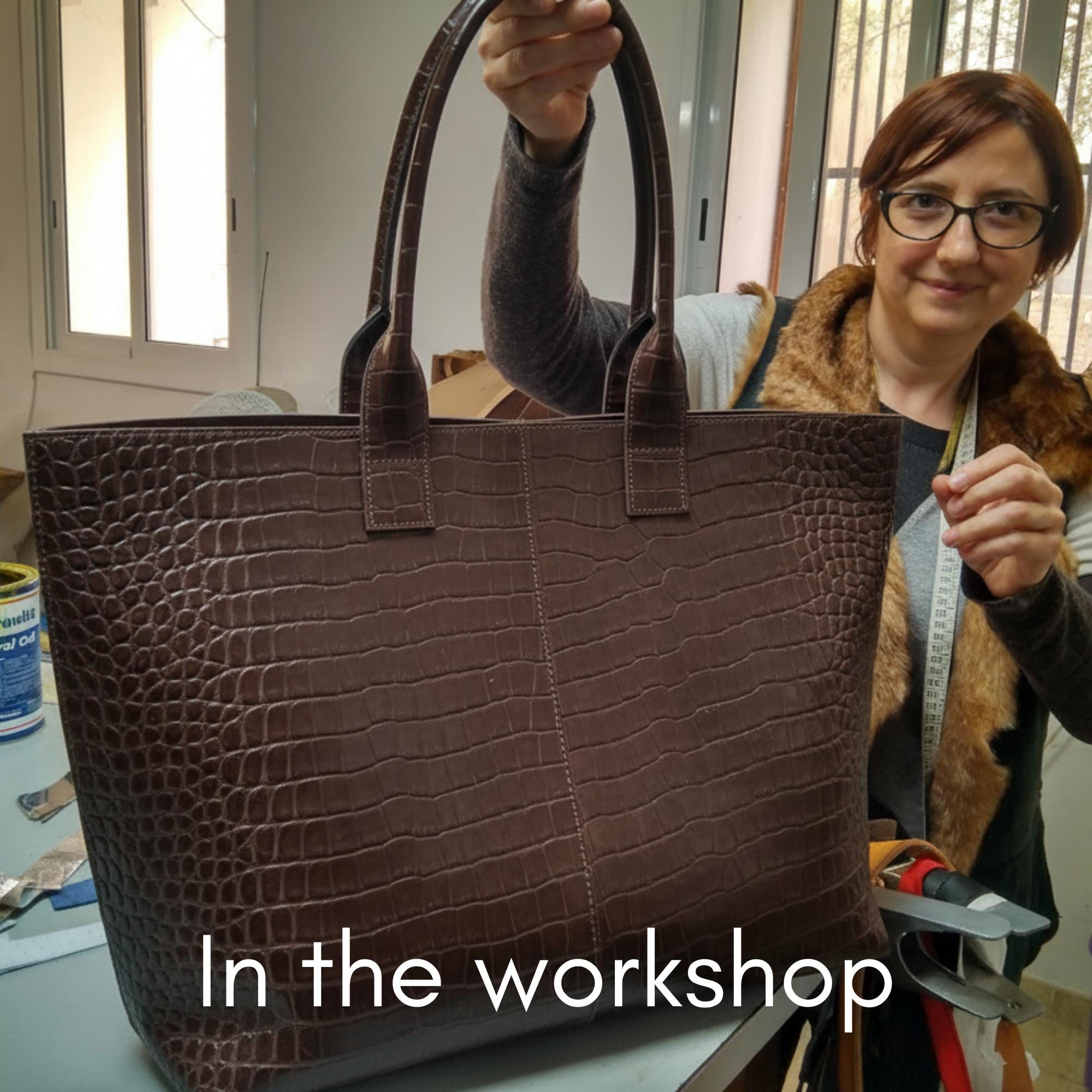 Oversized Crocodile Embossed Leather Tote, Handmade Large Brown