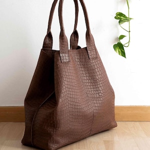 Oversized Leather Tote for Women, Large Bag Handmade with Genuine Leather, Dark Brown Shopping Handbag Available in Two Sizes
