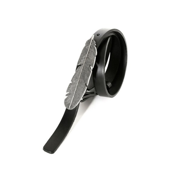 Feather belt Black leather belt silver buckle Quality belt | Etsy