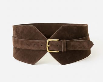 Suede Belt Brown, Wide Leather Belt for Women, Dark Brown  display picture 3