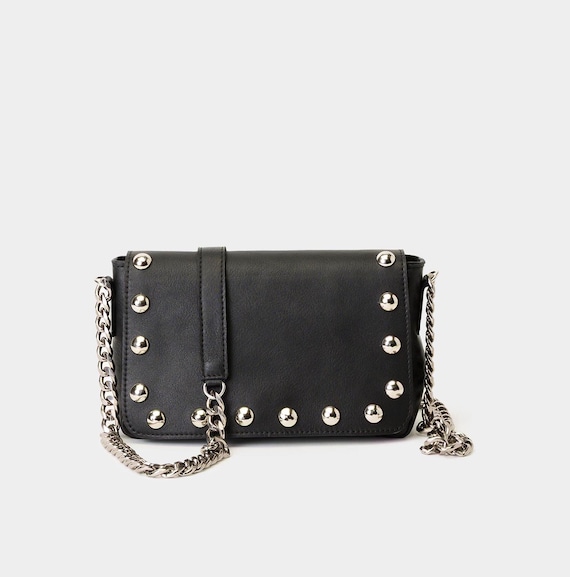 Minibolso de piel negra, pequeño bolso de hombro con tachuelas