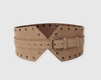 Suede Brass Studded Waist Belt, Brass Horsebit Buckle, dark brown, S/M, 26-30” Wide Suede Corset Belt, Dark Brown Studded Leather, Antique  main image 2