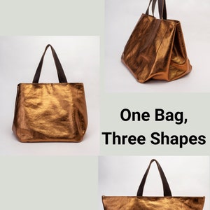 May include: A metallic gold tote bag with brown leather handles is shown in three different shapes. The text "One Bag, Three Shapes" is displayed below the bag.