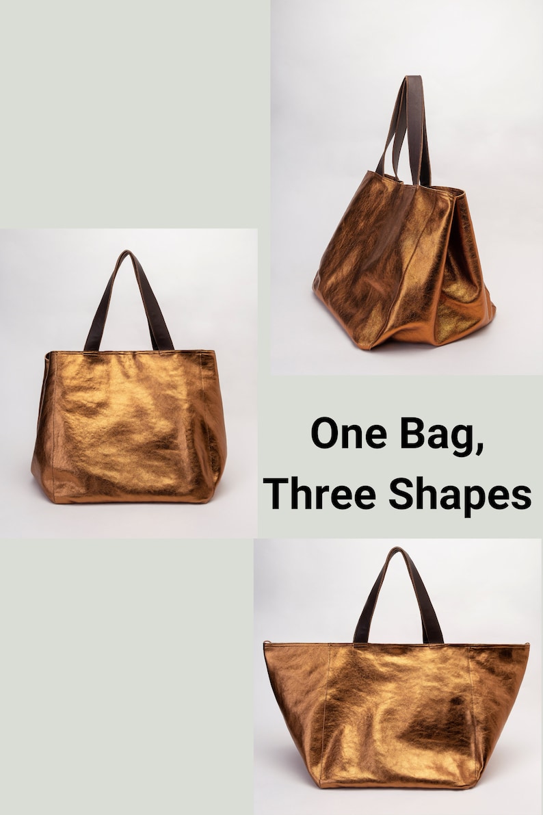 May include: A metallic gold tote bag with brown leather handles is shown in three different shapes. The text "One Bag, Three Shapes" is displayed below the bag.