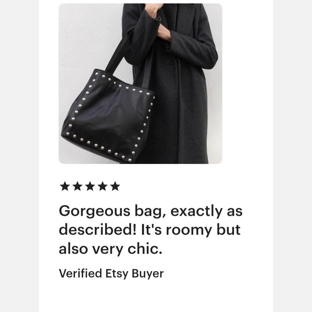 Studded Black Leather Tote Bag, Handmade Large Handbag, Silver