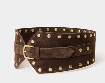 Suede Belt Brown, Wide Leather Belt for Women, Dark Brown 