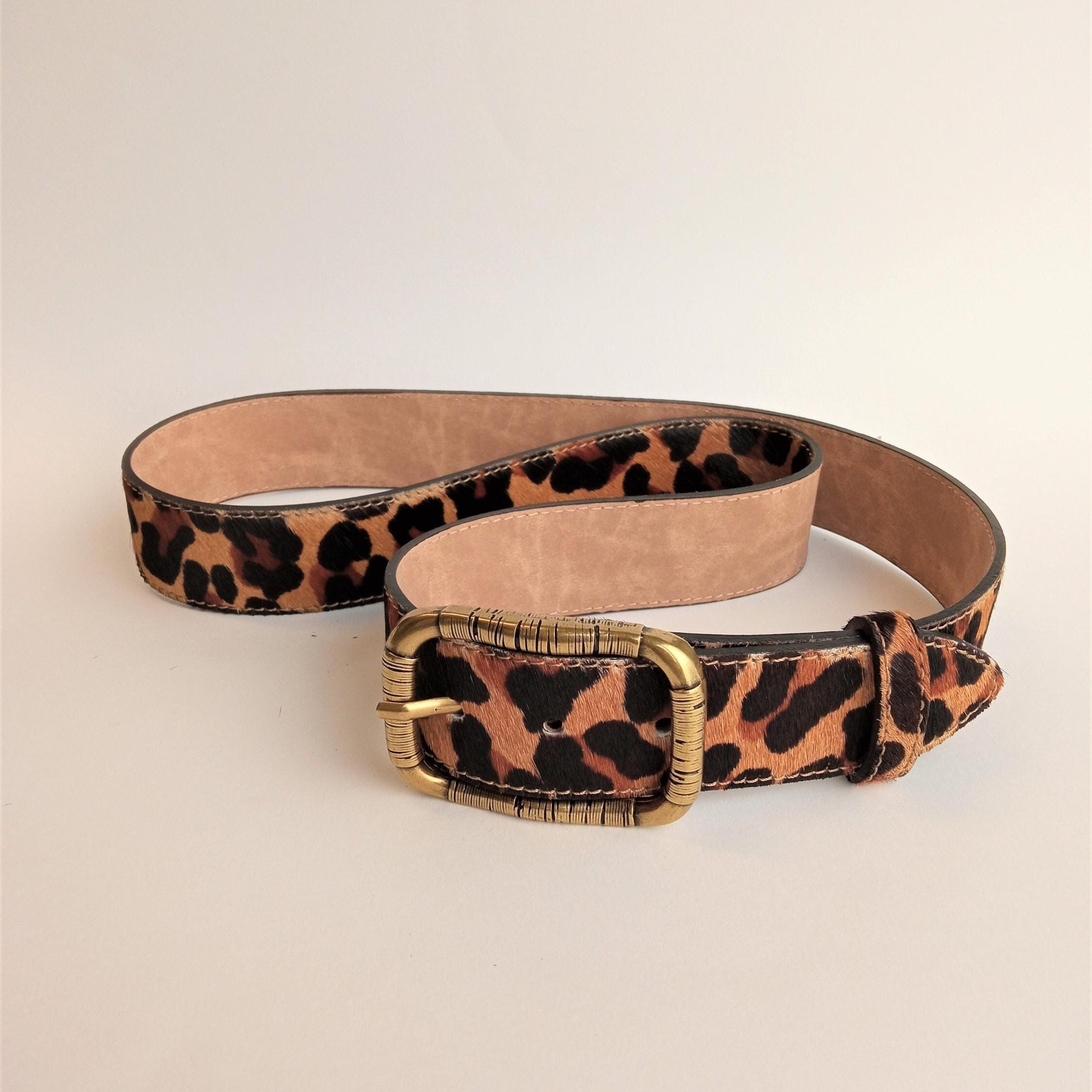 Leather Calfhair Patchwork Animal Print Belt Studs Women M Brown Animal Print Belt, Leopard Belt Handmade With Cow Hair on  main image 4
