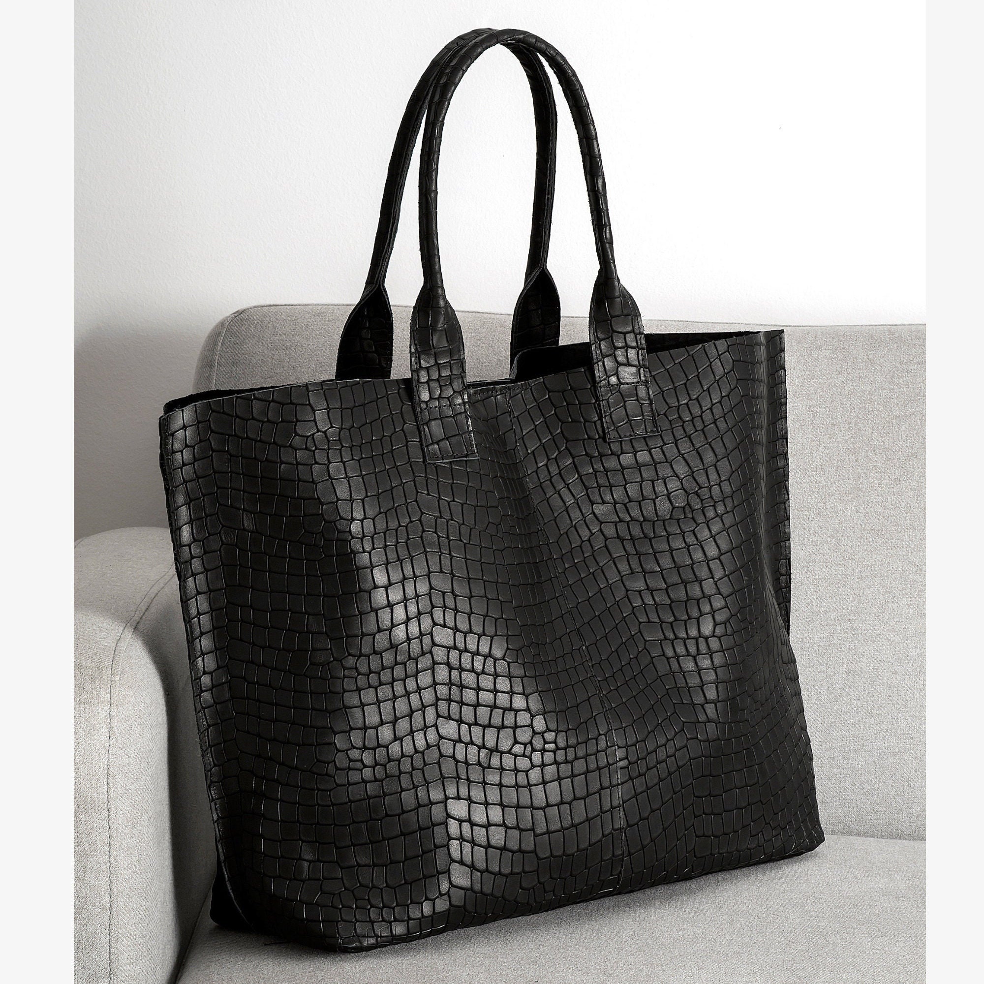 Kroko Schwarze Lack Handtasche Black Croco Tote Bag
