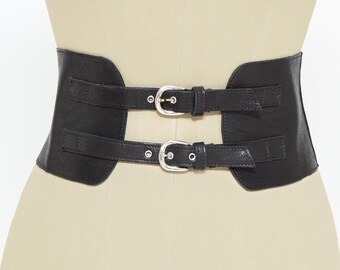 Wide Leather Belt Black, Medieval Corset, Waist Cincher Corset, Viking Corset, Bohemian Belt for Women with Two Buckles