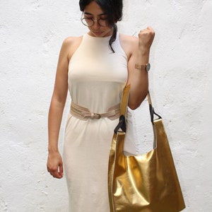 Gold Leather Tote, Metallic Leather Bag, Golden Tote Bag, Gold Leather Shoulder Bag for Women, Genuine Leather Tote, Gift for Mom image 2