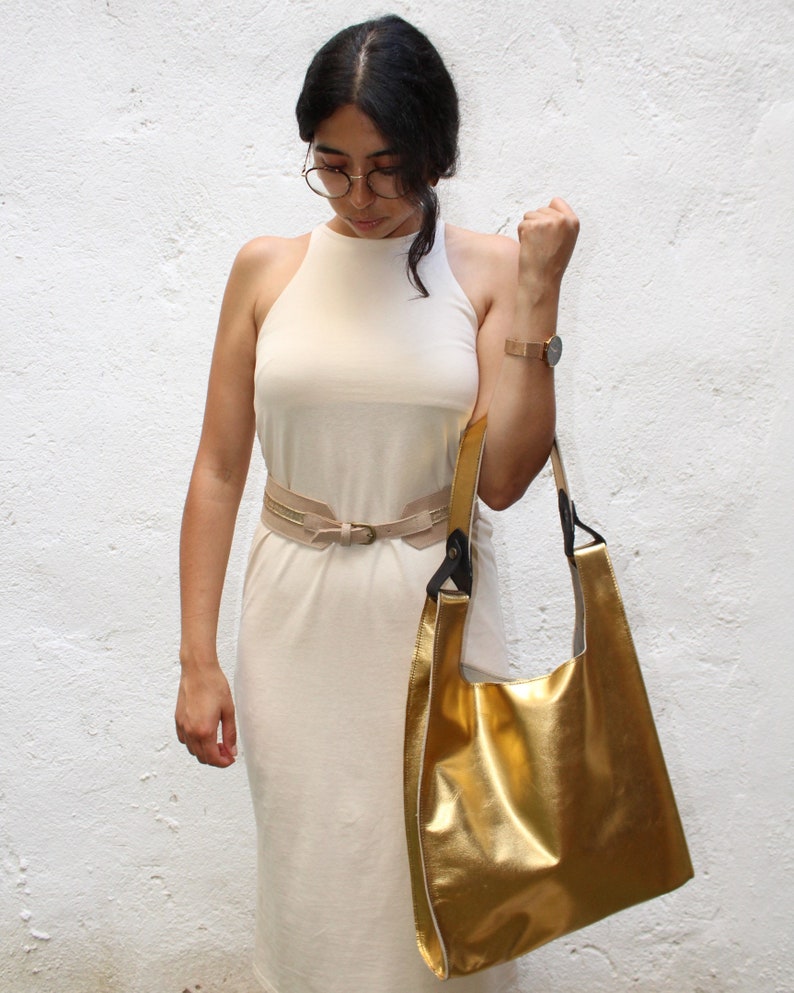 Gold Leather Tote, Metallic Leather Bag, Golden Tote Bag, Gold Leather Shoulder Bag for Women, Genuine Leather Tote, Gift for Mom image 2