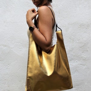 Gold Leather Tote, Metallic Leather Bag, Golden Tote Bag, Gold Leather Shoulder Bag for Women, Genuine Leather Tote, Gift for Mom Gold