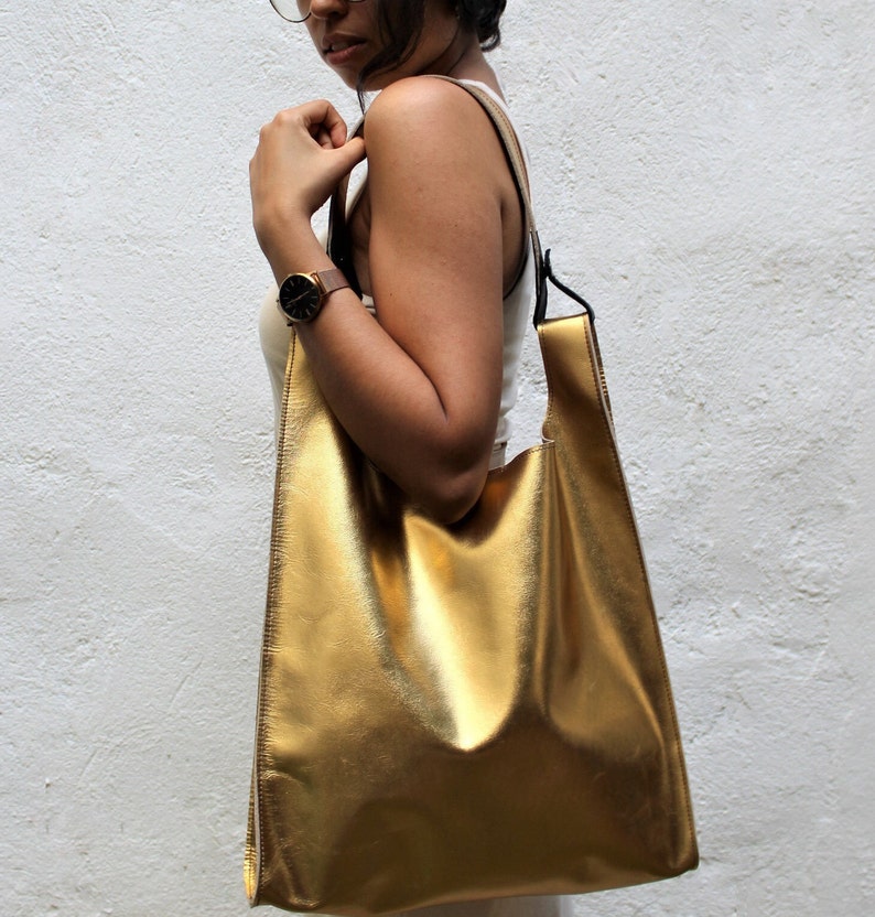 Gold Leather Tote, Metallic Leather Bag, Golden Tote Bag, Gold Leather Shoulder Bag for Women, Genuine Leather Tote, Gift for Mom Gold