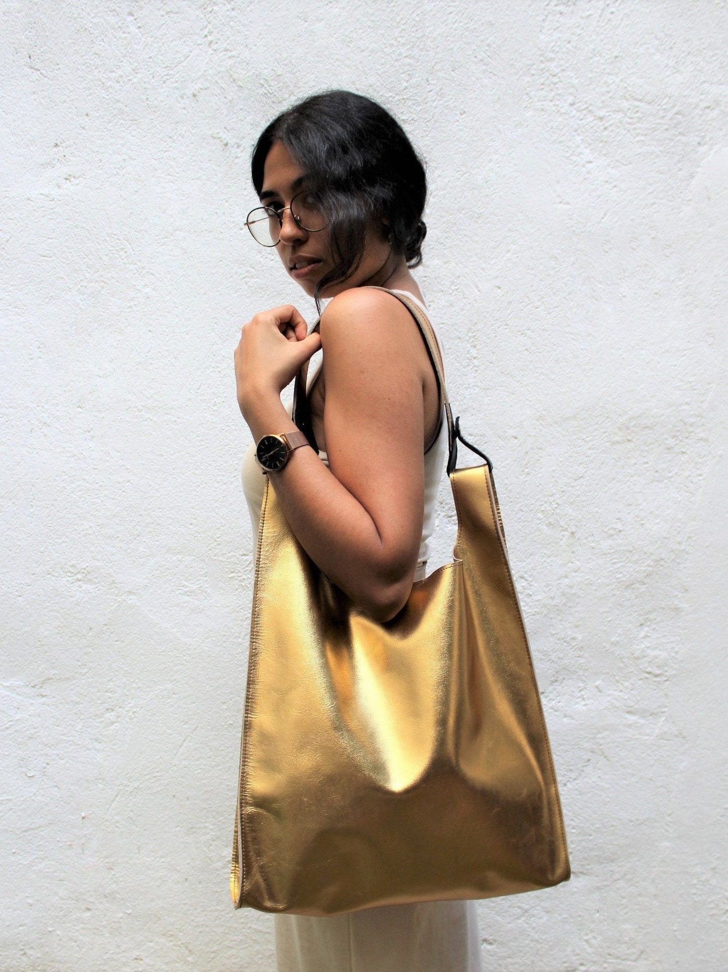 Silver Tote Bag Metallic Leather Tote Bag Over the Shoulder 