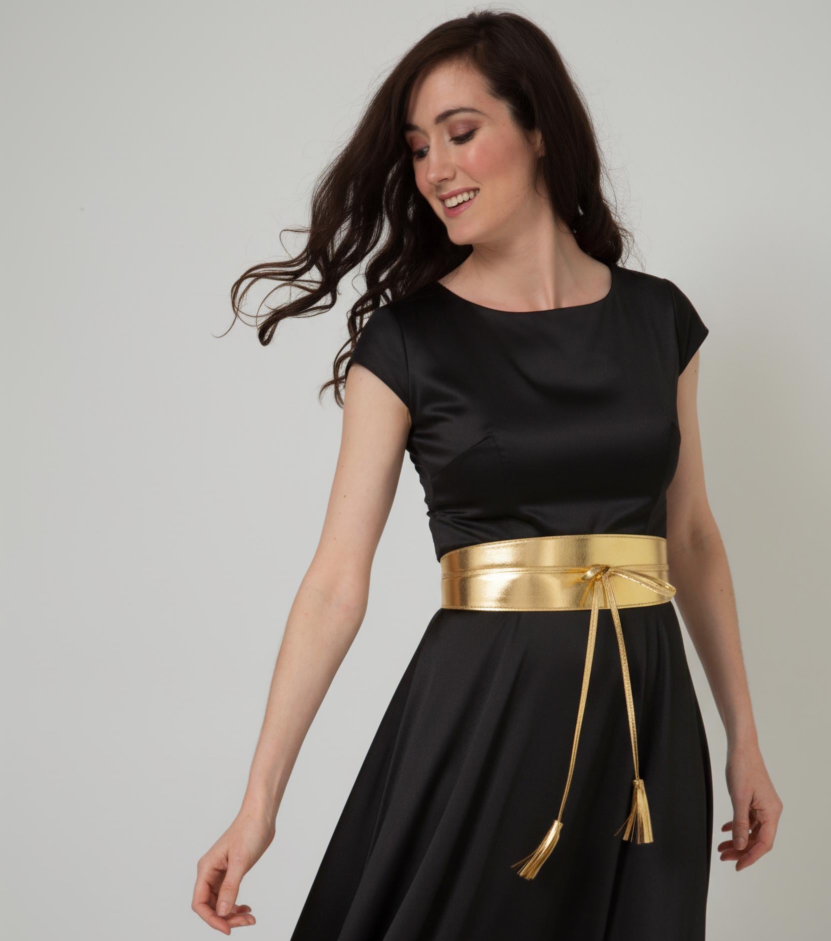 gold belt for black dress Statement Obi with Tassels, Boho Metallic Leather Sash Belt Dresses Long sleeve