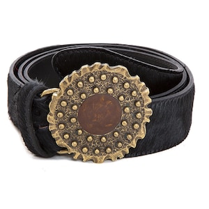 Round Buckle Belt for women, Black Hair on Hide Leather Belt with Gold Enamel Buckle, Elegant Boho Hippie Women&#39;s Belt for Jeans and Dresses