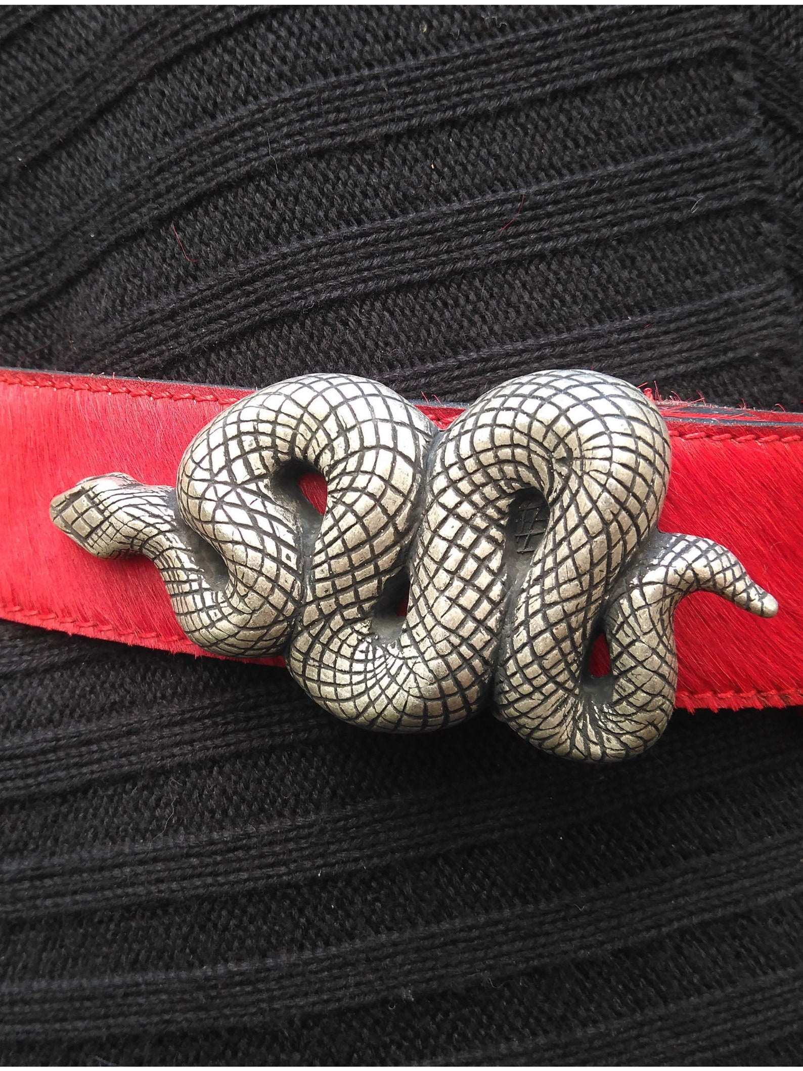 Women Belt With Snake Buckle Hair on Hide Belt Red Leather Etsy
