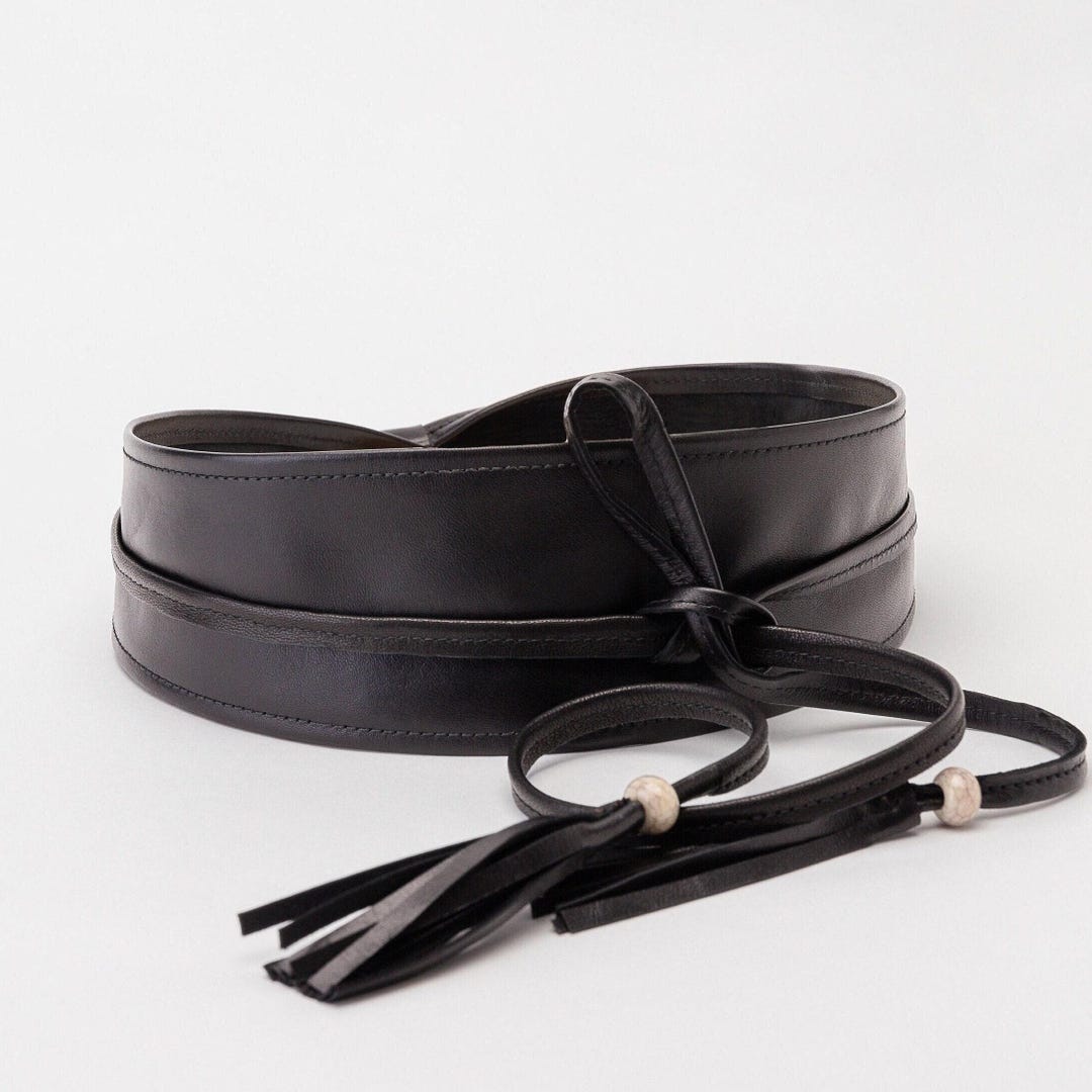 Black Leather Obi Belt With Tassels, Soft Sash Wrap for 