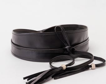 Black Leather Obi Belt with Tassels, Soft Sash Wrap for Women