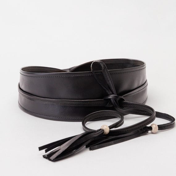 Black Leather Obi Belt With Tassels, Soft Leather Sash Belt  display picture 1