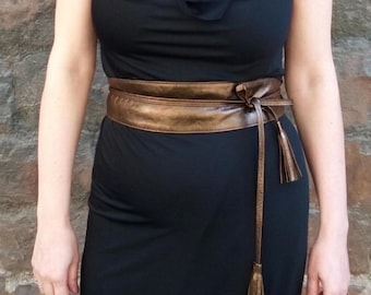 Bronze Statement Belt for Dresses, Wide Metallic Leather Sash with Tassels