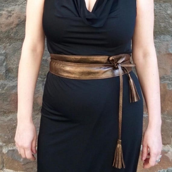 belt for formal dress Bronze Statement Dresses, Wide Metallic Leather Sash with Tassels Afiya