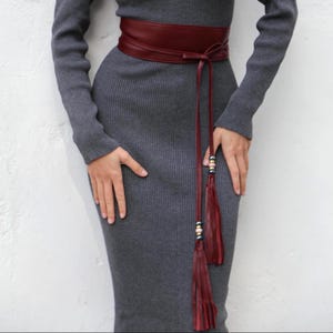 Burgundy Leather Obi Belt, Wrap Belt with Tassels & Crystal Beads, Handmade Dark Red Belt for Women, Fashion Boho Wide Belt in All Sizes