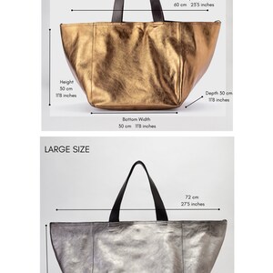 Puede incluir: Dos bolsos de mano, uno dorado y otro plateado, con medidas en pulgadas y cent&iacute;metros. El bolso dorado est&aacute; etiquetado como "Talla mediana" y el bolso plateado est&aacute; etiquetado como "Talla grande".