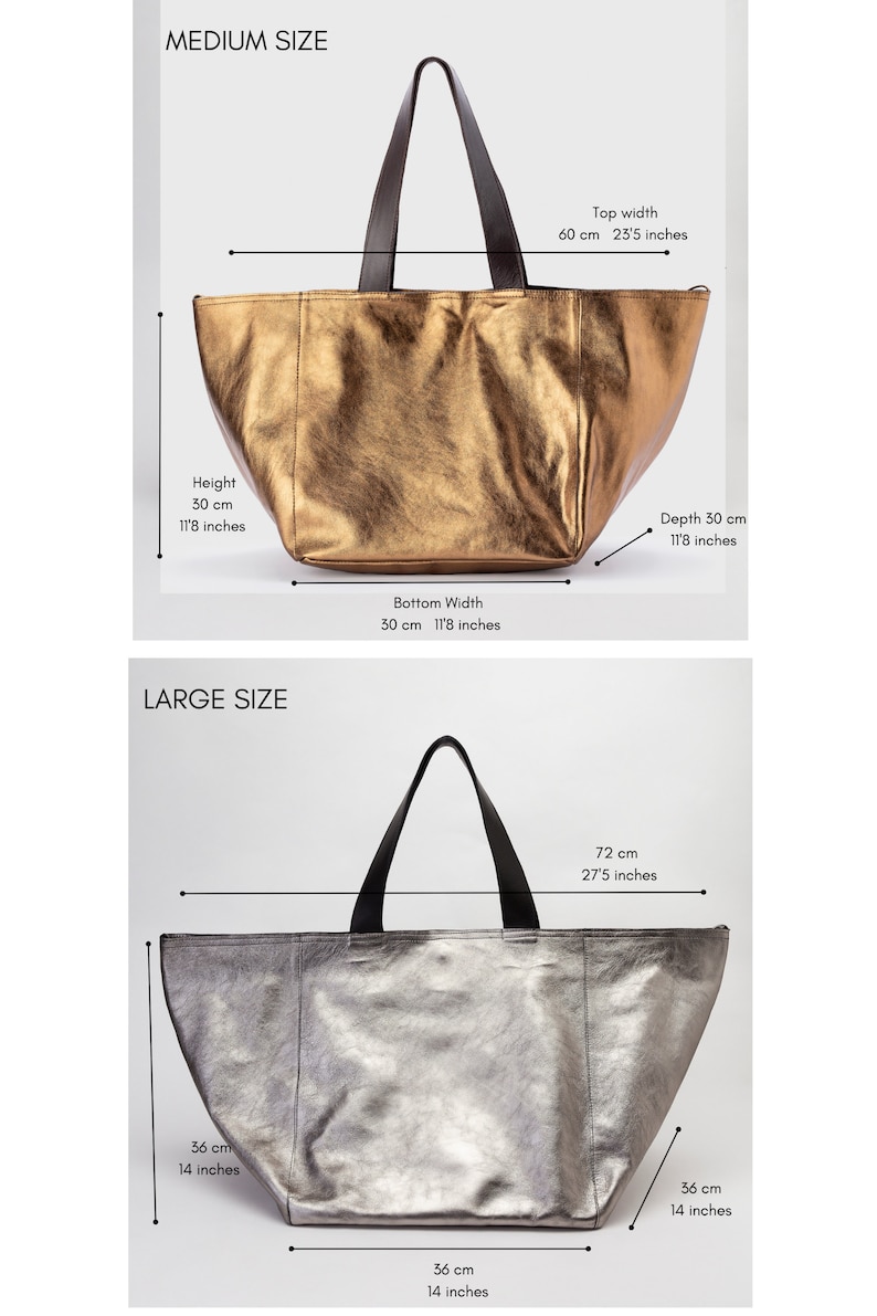 Puede incluir: Dos bolsos de mano, uno dorado y otro plateado, con medidas en pulgadas y cent&iacute;metros. El bolso dorado est&aacute; etiquetado como "Talla mediana" y el bolso plateado est&aacute; etiquetado como "Talla grande".