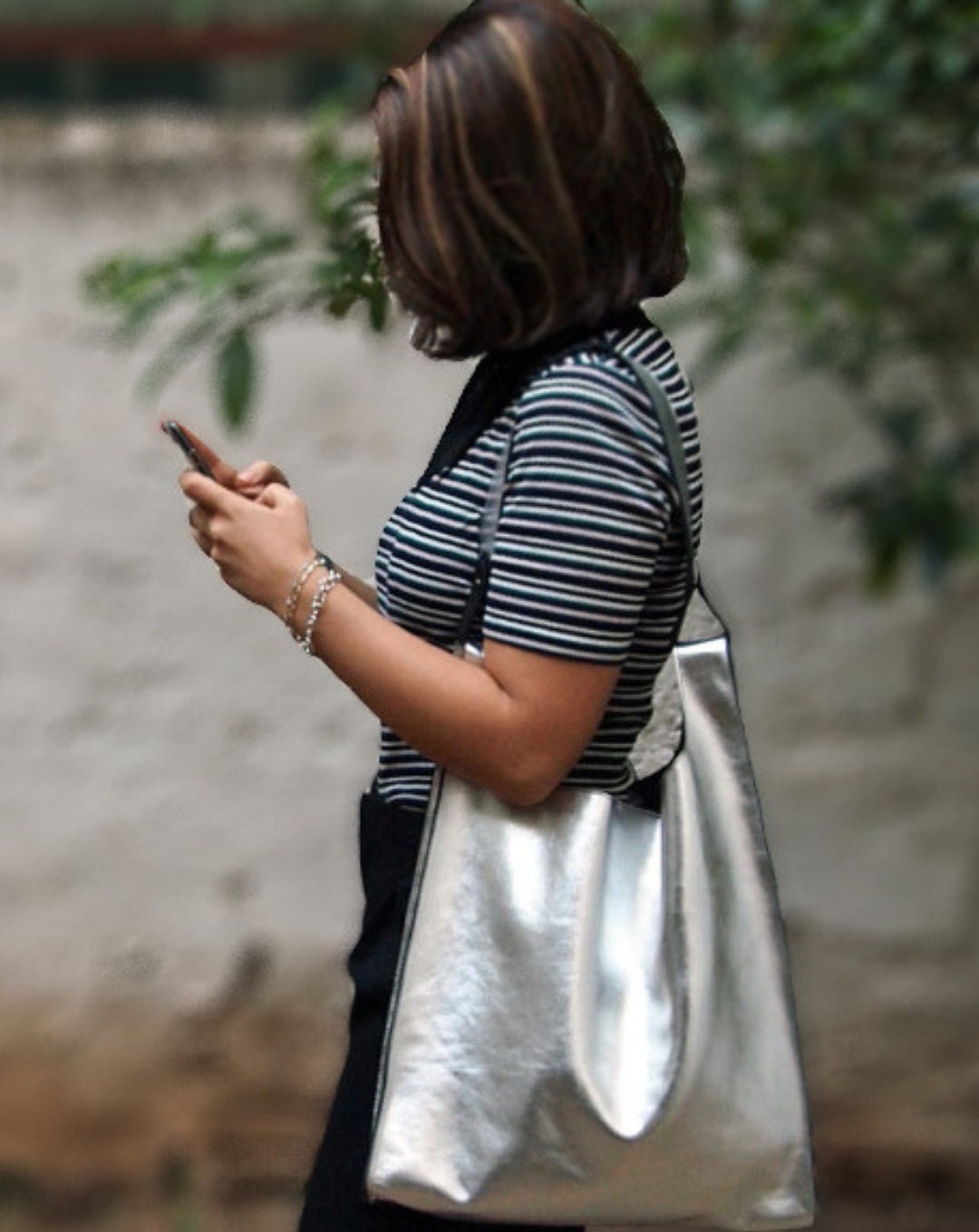 Silver Tote Bag Metallic Leather Tote Bag Over the Shoulder Bag