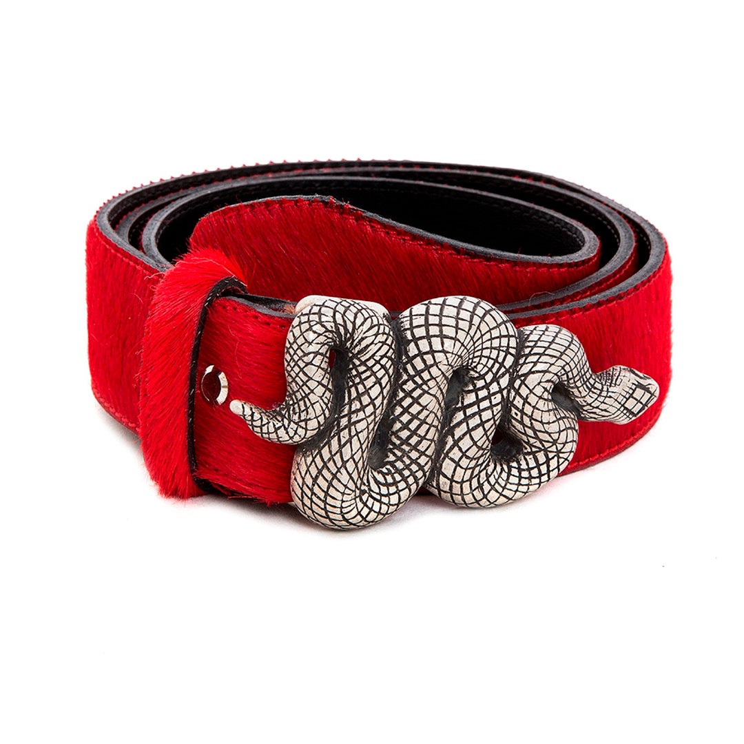 Women Belt With Snake Buckle Hair on Hide Belt Red Leather Etsy
